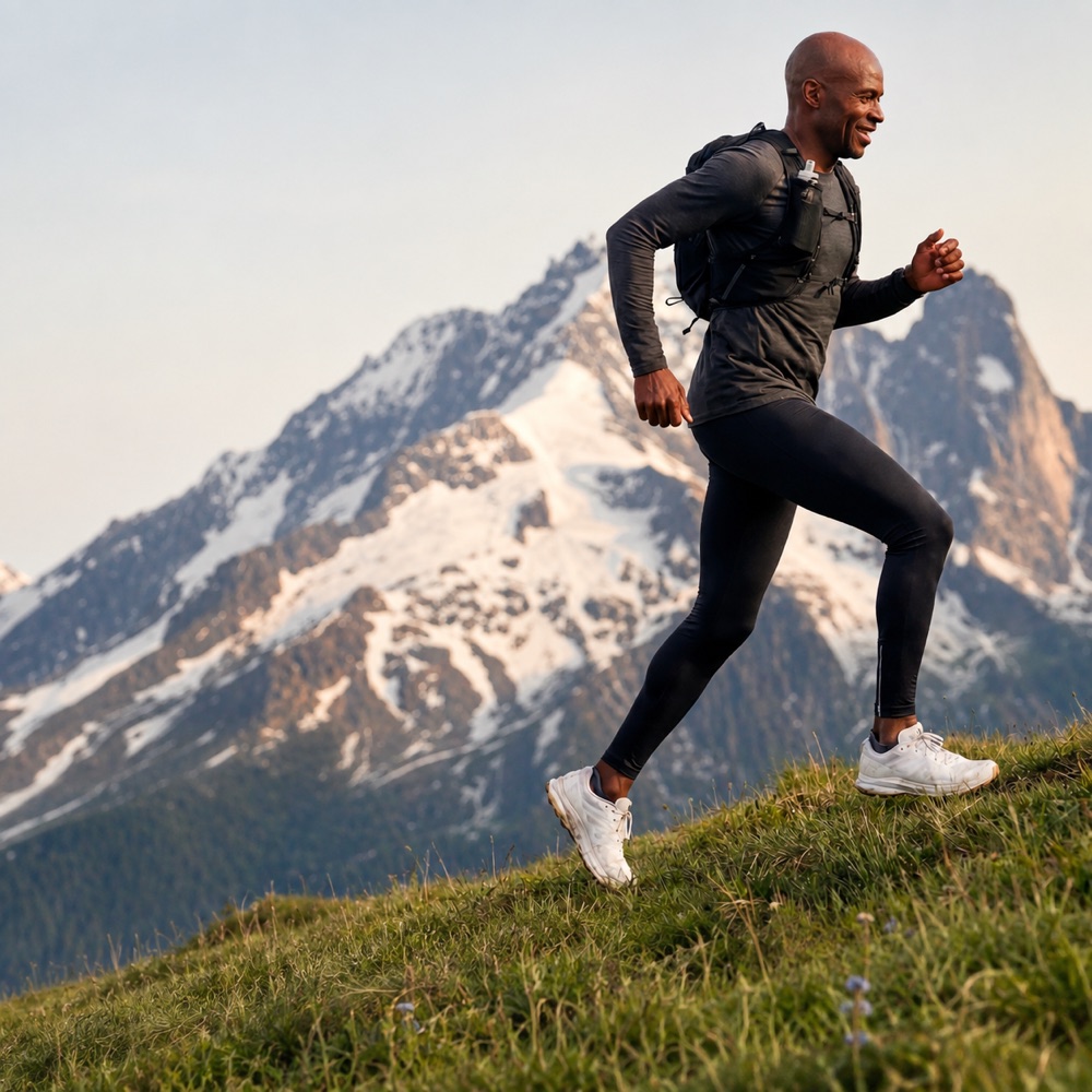 Man running on a mountain trail at sunrise