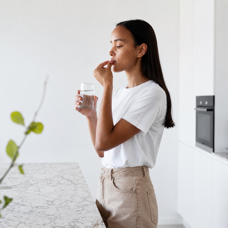Woman pausing for water during her morning routine